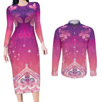 New Zealand Matariki Couples Matching Long Sleeve Bodycon Dress and Long Sleeve Button Shirt Maori Marae Purple Galaxy