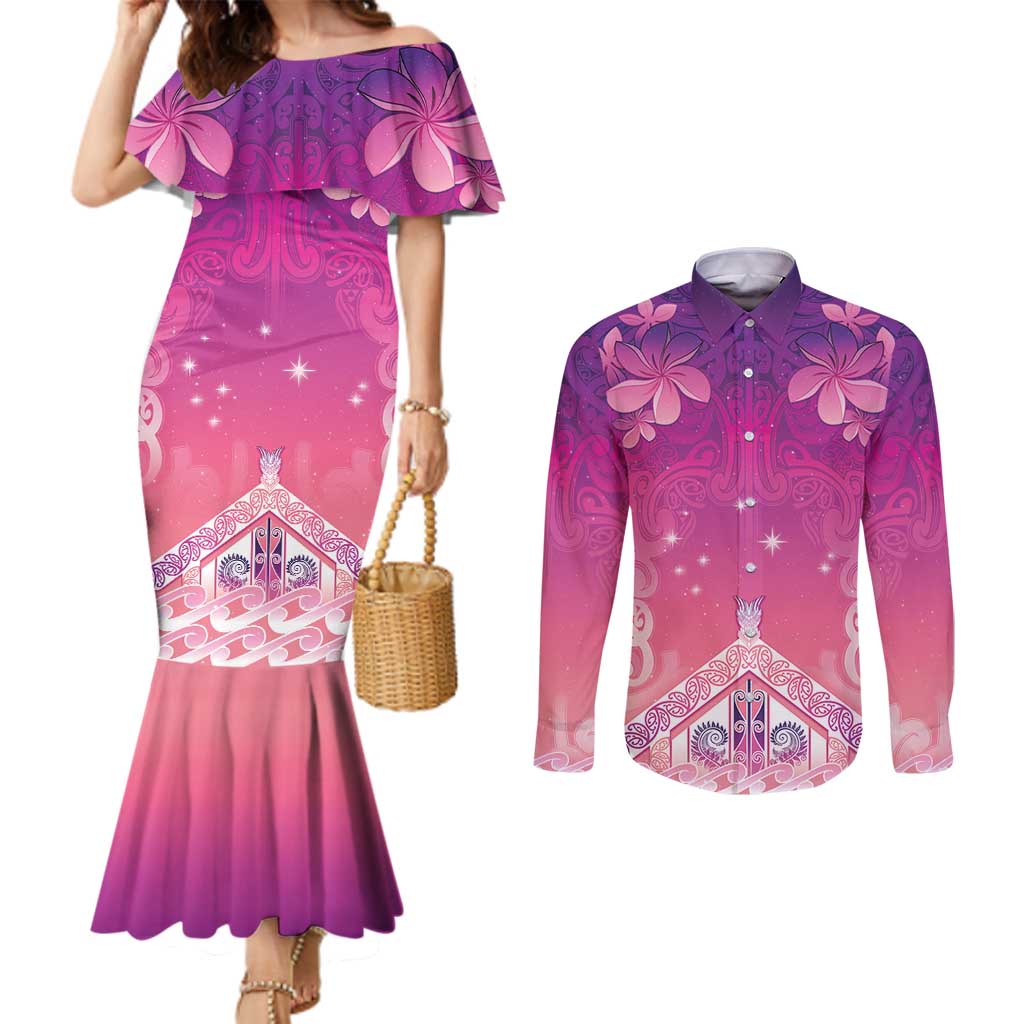 New Zealand Matariki Couples Matching Mermaid Dress and Long Sleeve Button Shirt Maori Marae Purple Galaxy