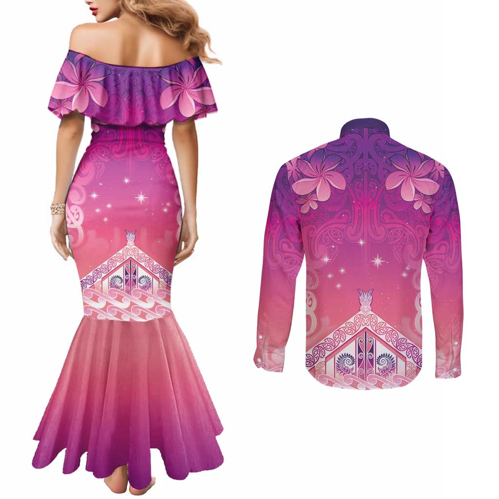 New Zealand Matariki Couples Matching Mermaid Dress and Long Sleeve Button Shirt Maori Marae Purple Galaxy