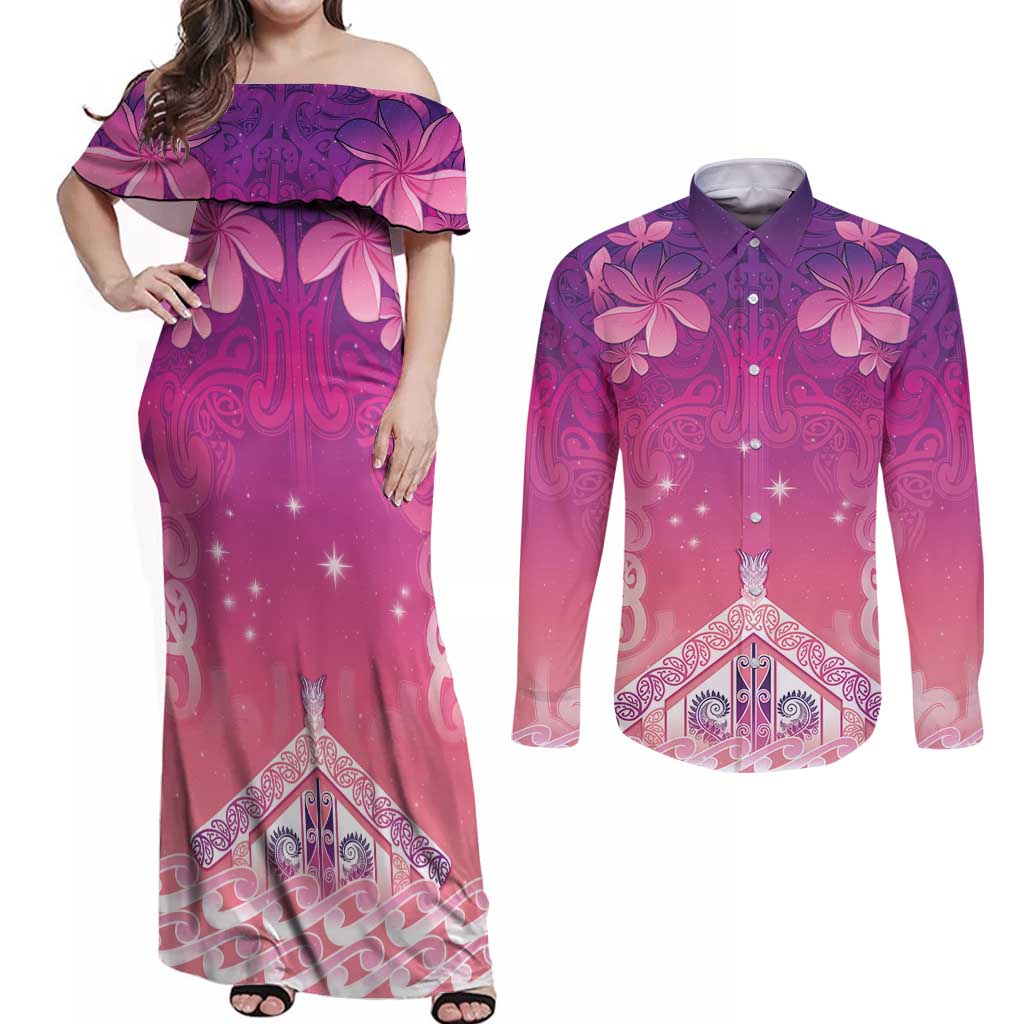 New Zealand Matariki Couples Matching Off Shoulder Maxi Dress and Long Sleeve Button Shirt Maori Marae Purple Galaxy