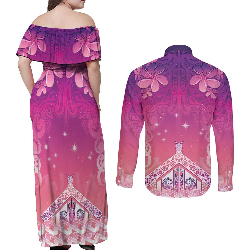 New Zealand Matariki Couples Matching Off Shoulder Maxi Dress and Long Sleeve Button Shirt Maori Marae Purple Galaxy