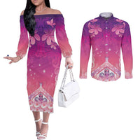 New Zealand Matariki Couples Matching Off The Shoulder Long Sleeve Dress and Long Sleeve Button Shirt Maori Marae Purple Galaxy