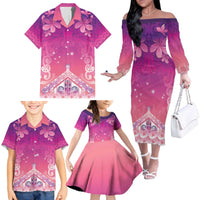 New Zealand Matariki Family Matching Off The Shoulder Long Sleeve Dress and Hawaiian Shirt Maori Marae Purple Galaxy
