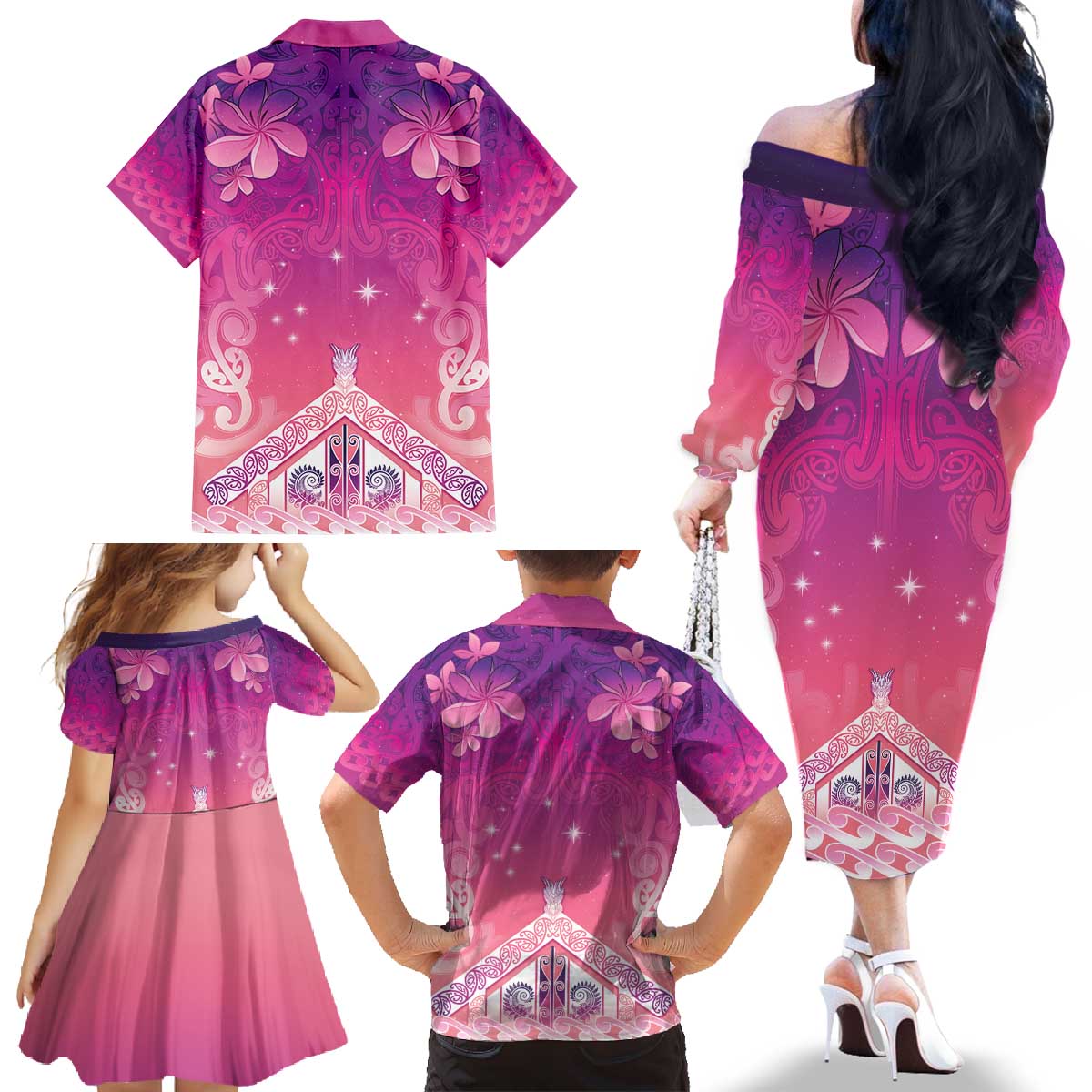 New Zealand Matariki Family Matching Off The Shoulder Long Sleeve Dress and Hawaiian Shirt Maori Marae Purple Galaxy