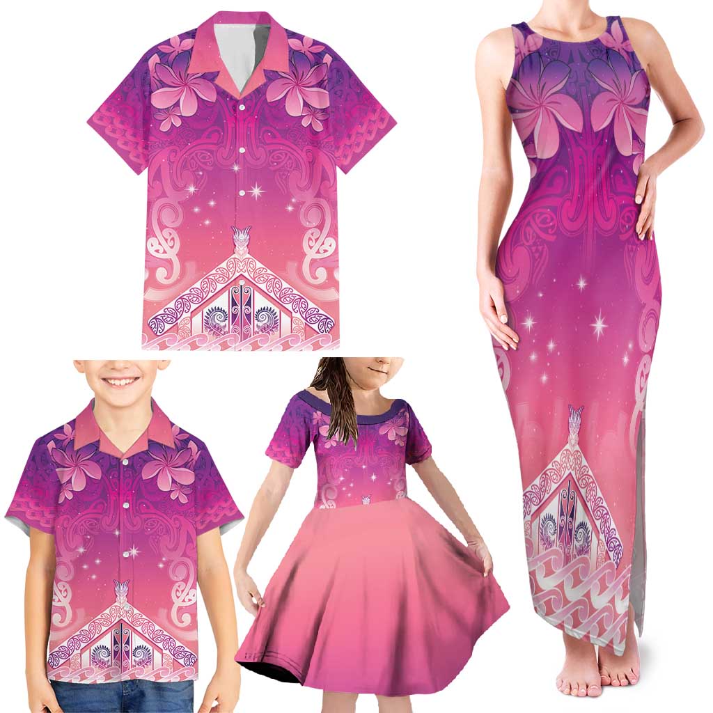 New Zealand Matariki Family Matching Tank Maxi Dress and Hawaiian Shirt Maori Marae Purple Galaxy