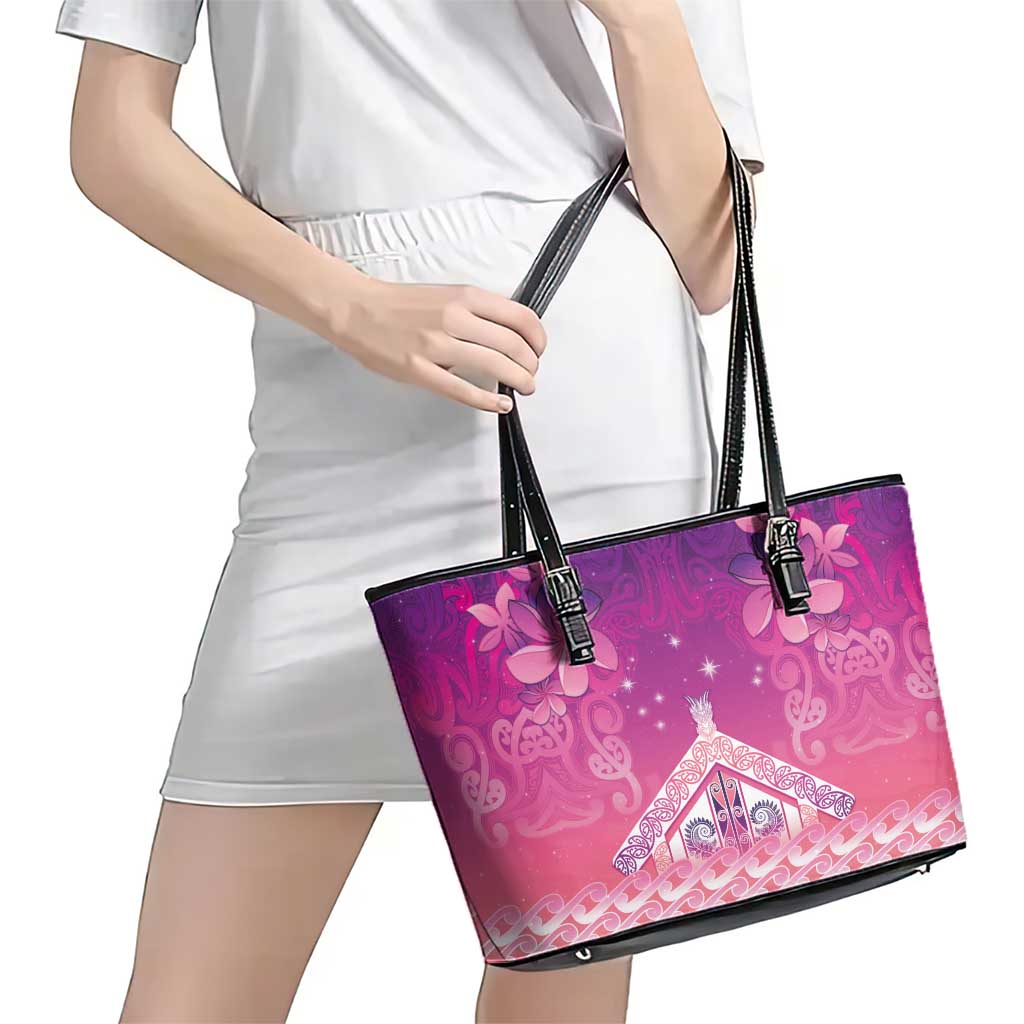 New Zealand Matariki Leather Tote Bag Maori Marae Purple Galaxy