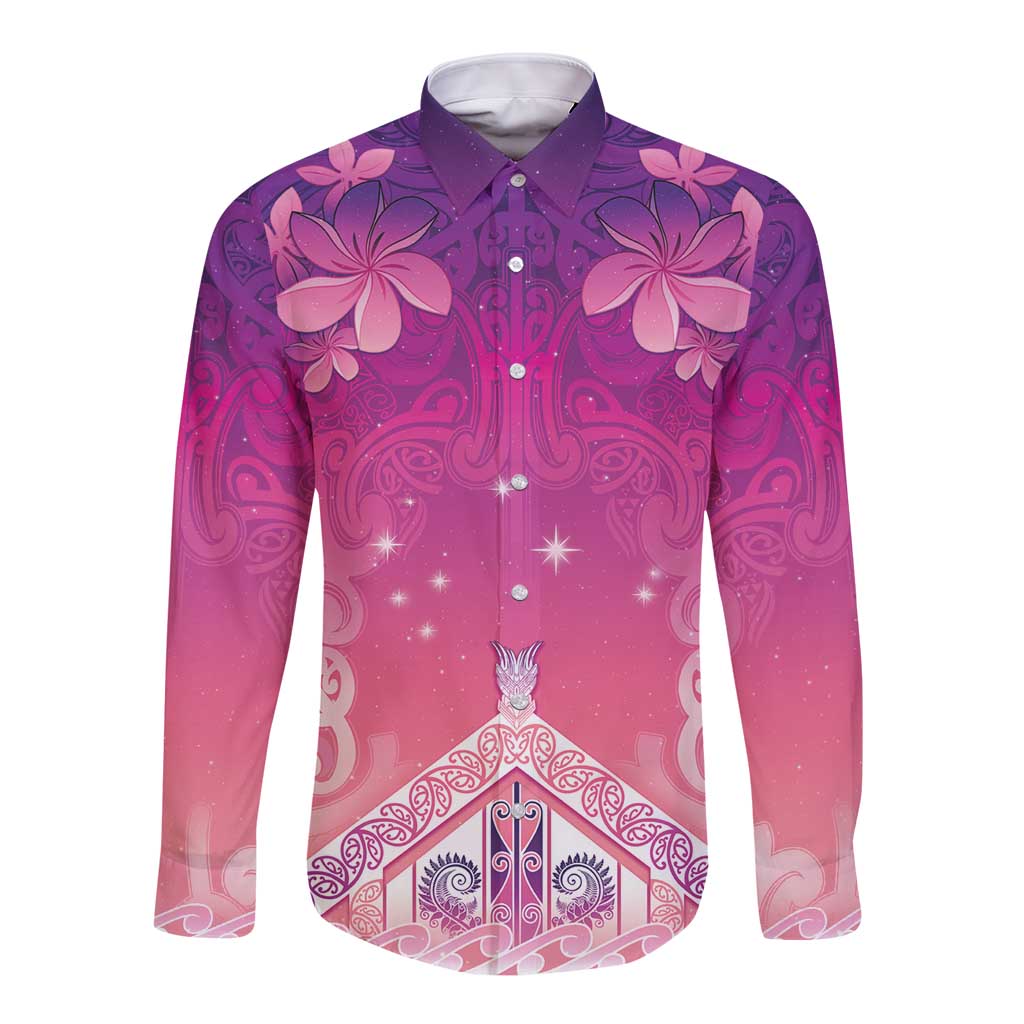 New Zealand Matariki Long Sleeve Button Shirt Maori Marae Purple Galaxy