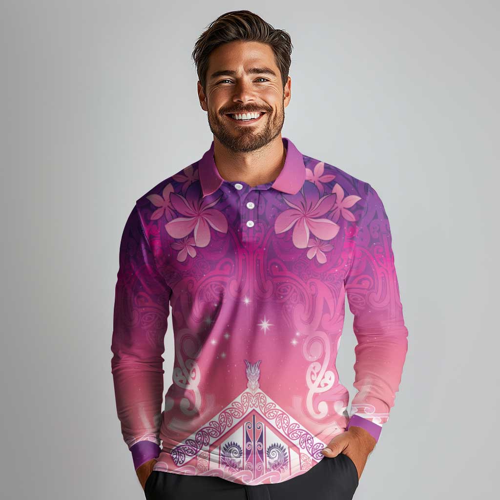 New Zealand Matariki Long Sleeve Polo Shirt Maori Marae Purple Galaxy