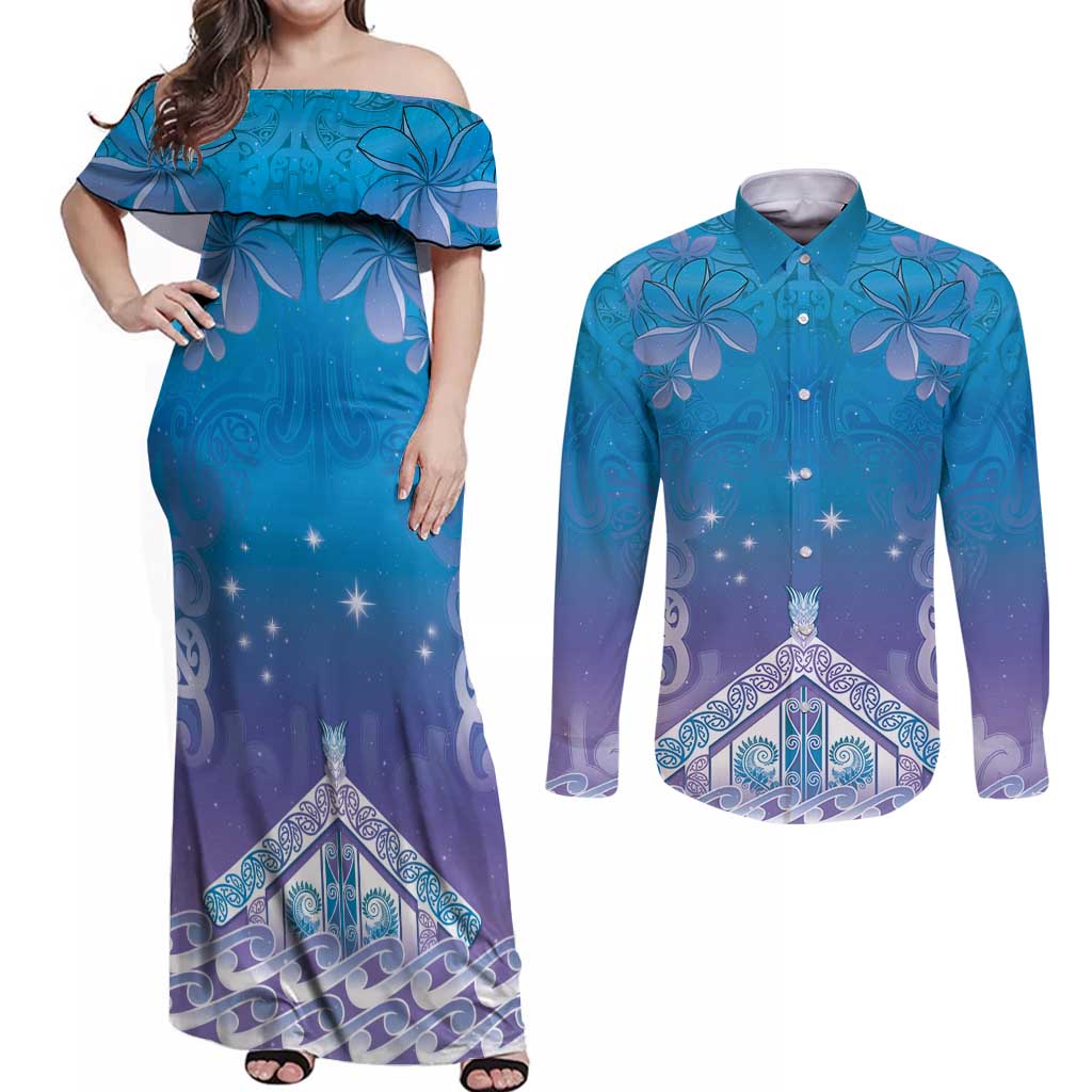 New Zealand Matariki Couples Matching Off Shoulder Maxi Dress and Long Sleeve Button Shirt Maori Marae Cyan Galaxy