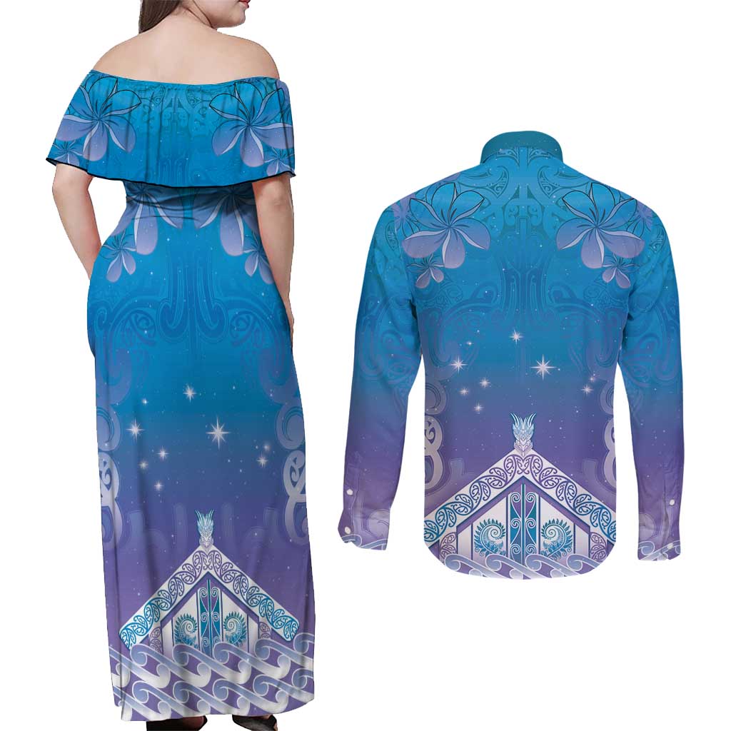 New Zealand Matariki Couples Matching Off Shoulder Maxi Dress and Long Sleeve Button Shirt Maori Marae Cyan Galaxy