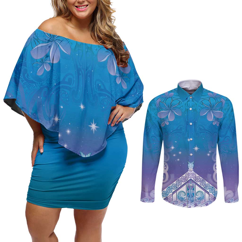 New Zealand Matariki Couples Matching Off Shoulder Short Dress and Long Sleeve Button Shirt Maori Marae Cyan Galaxy