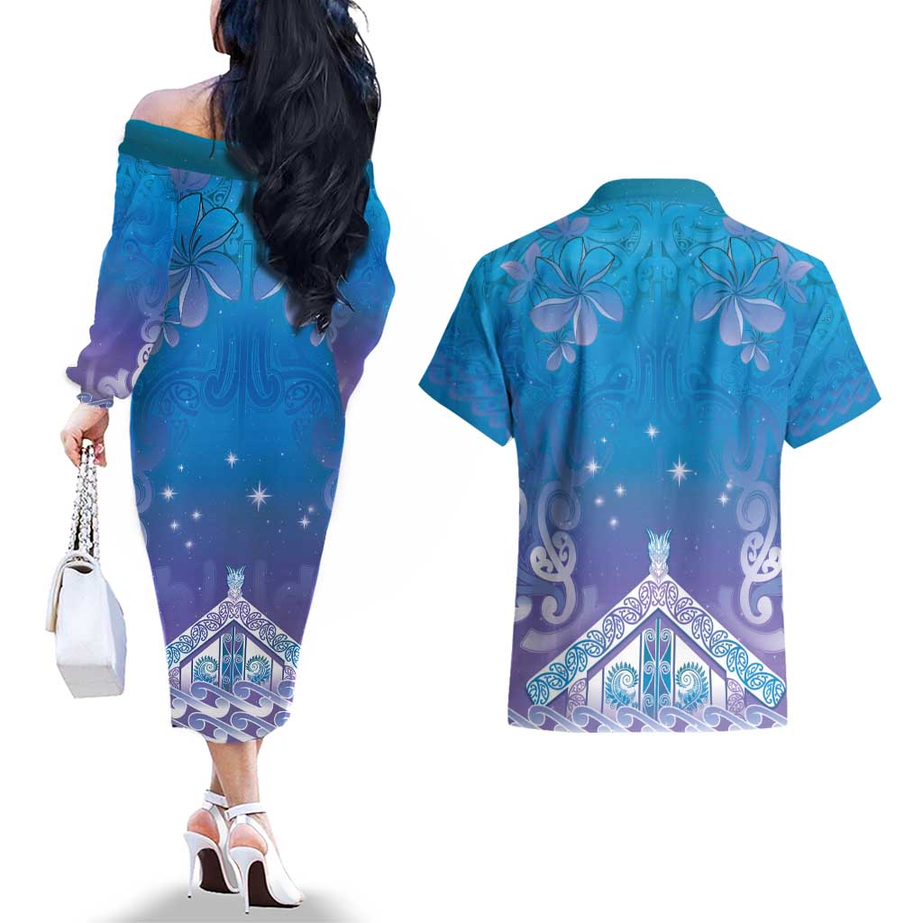 New Zealand Matariki Couples Matching Off The Shoulder Long Sleeve Dress and Hawaiian Shirt Maori Marae Cyan Galaxy