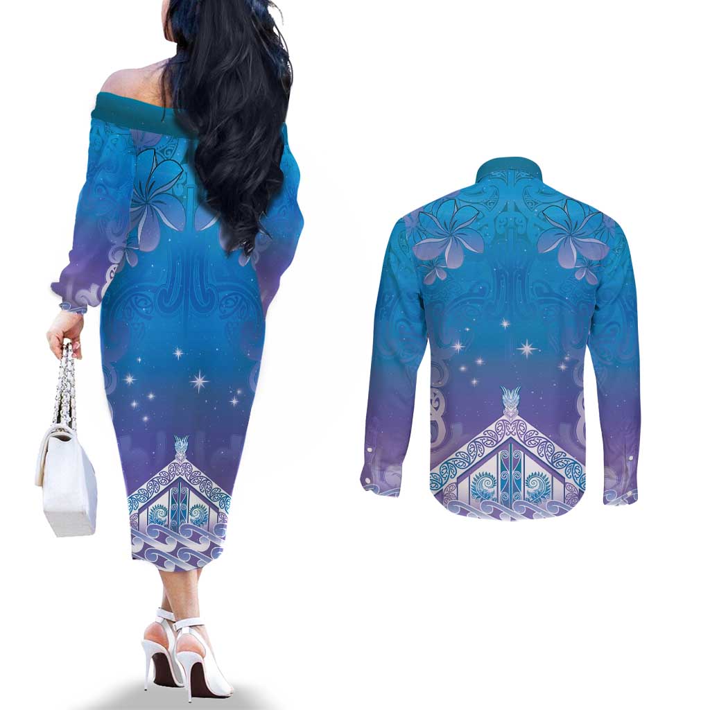 New Zealand Matariki Couples Matching Off The Shoulder Long Sleeve Dress and Long Sleeve Button Shirt Maori Marae Cyan Galaxy
