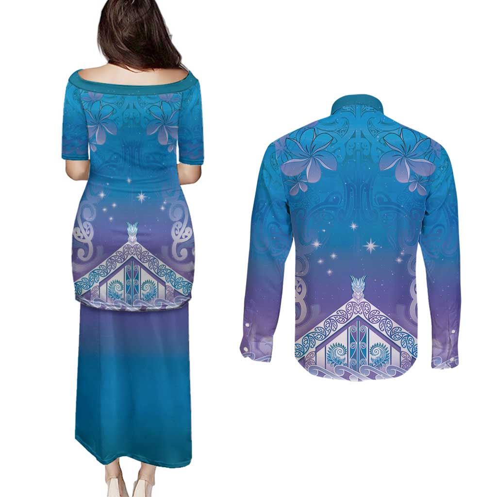 New Zealand Matariki Couples Matching Puletasi and Long Sleeve Button Shirt Maori Marae Cyan Galaxy