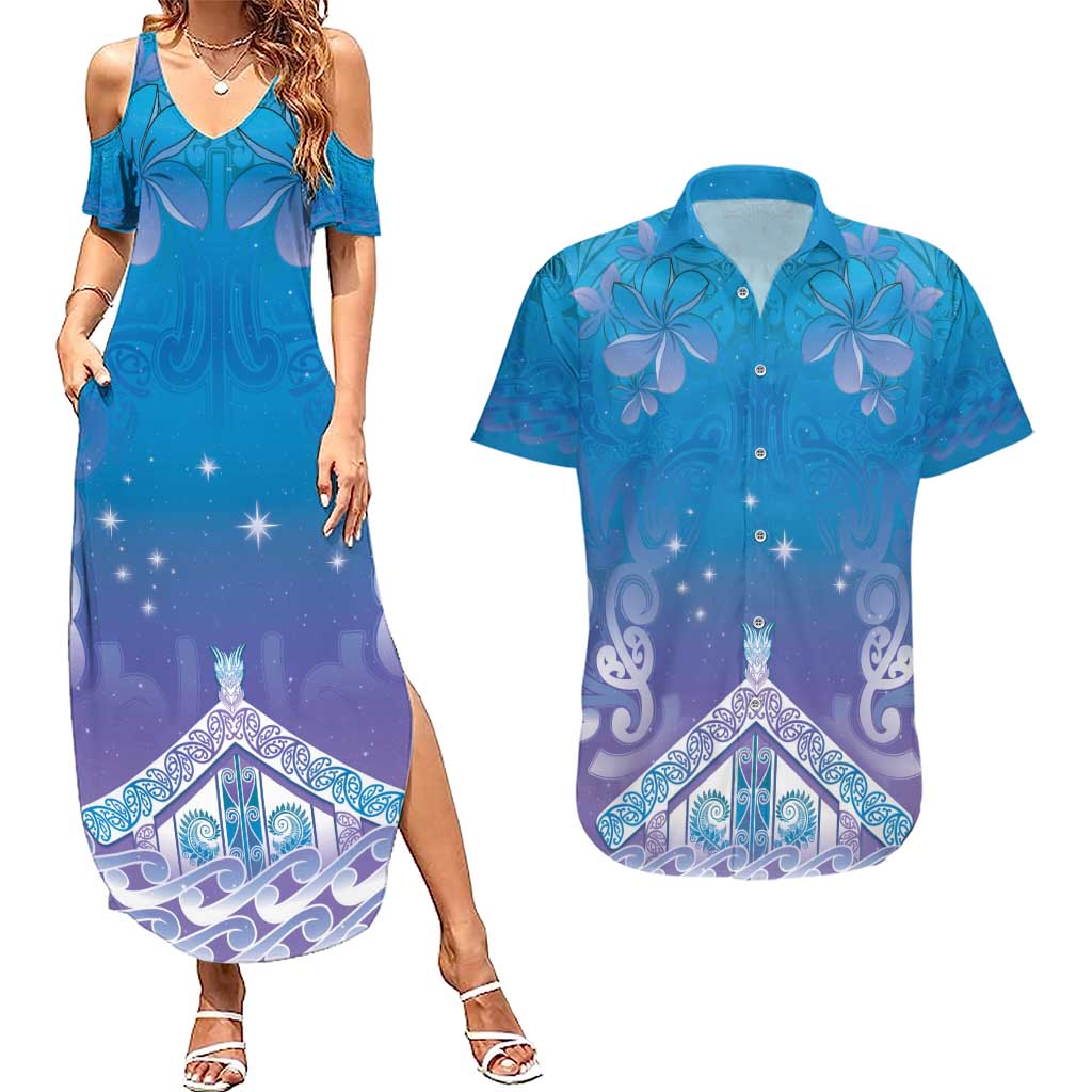 New Zealand Matariki Couples Matching Summer Maxi Dress and Hawaiian Shirt Maori Marae Cyan Galaxy