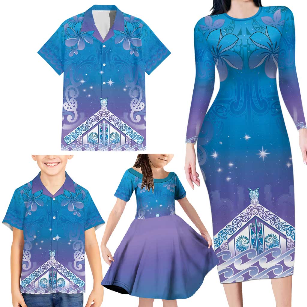 New Zealand Matariki Family Matching Long Sleeve Bodycon Dress and Hawaiian Shirt Maori Marae Cyan Galaxy