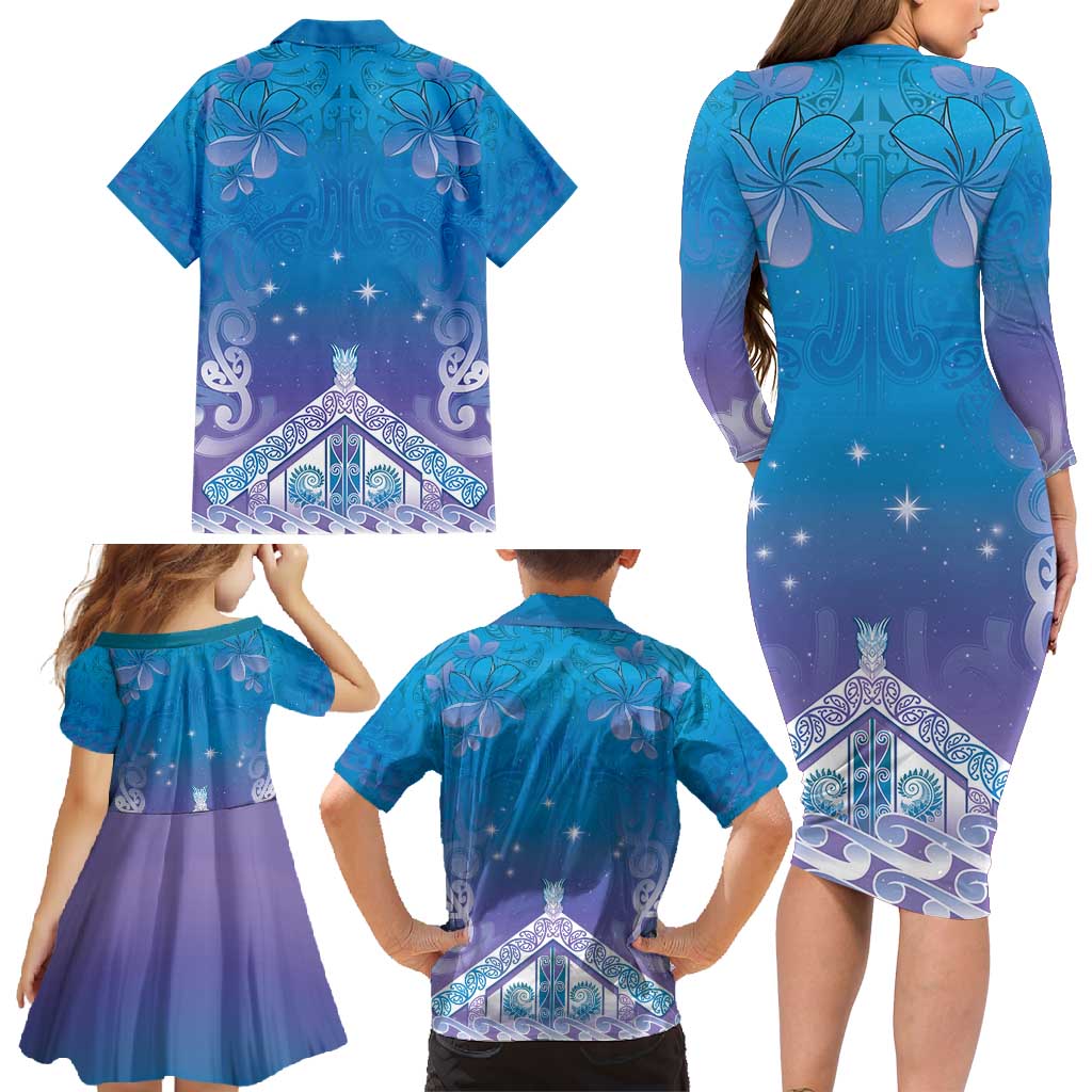 New Zealand Matariki Family Matching Long Sleeve Bodycon Dress and Hawaiian Shirt Maori Marae Cyan Galaxy