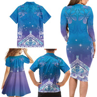 New Zealand Matariki Family Matching Long Sleeve Bodycon Dress and Hawaiian Shirt Maori Marae Cyan Galaxy