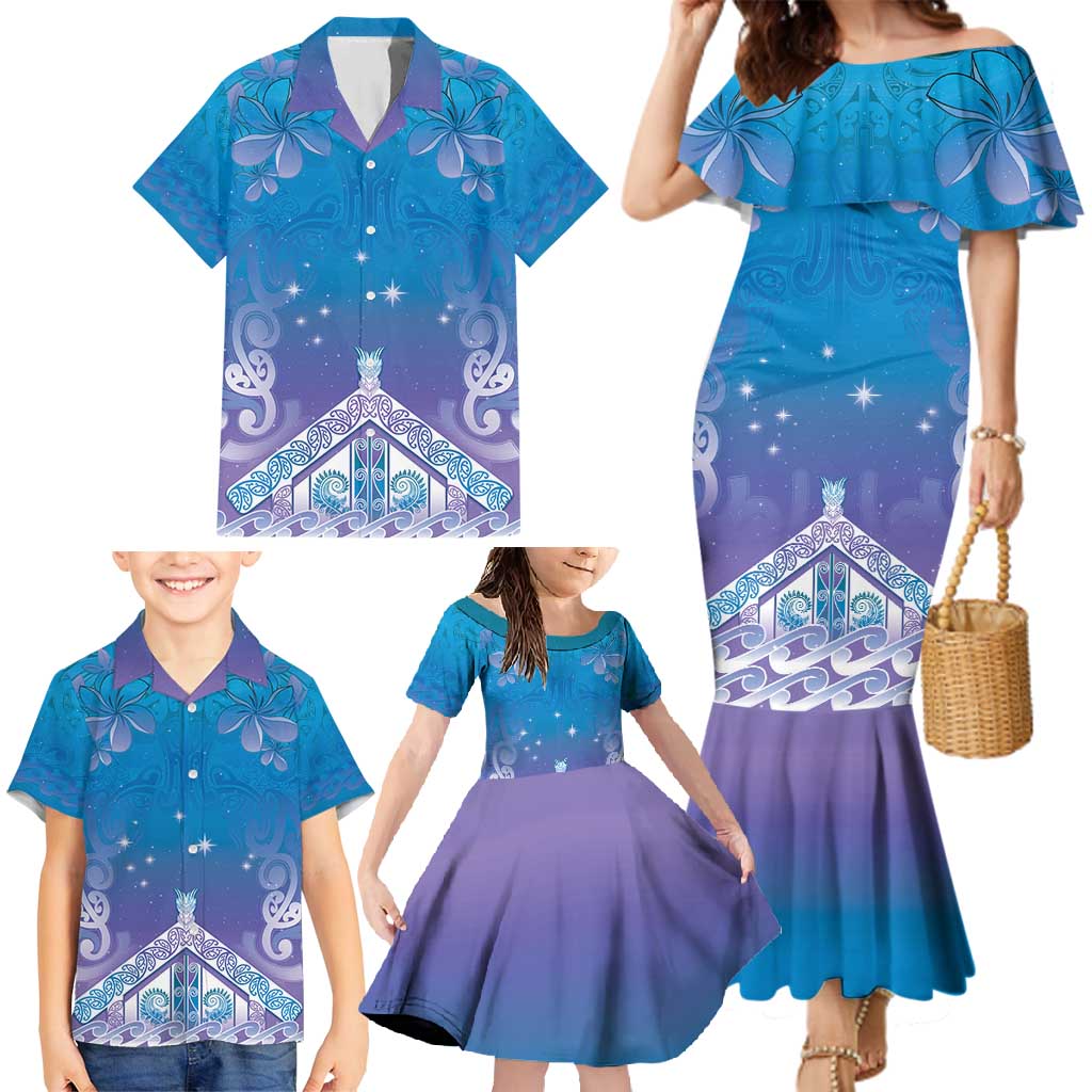 New Zealand Matariki Family Matching Mermaid Dress and Hawaiian Shirt Maori Marae Cyan Galaxy