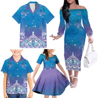 New Zealand Matariki Family Matching Off The Shoulder Long Sleeve Dress and Hawaiian Shirt Maori Marae Cyan Galaxy