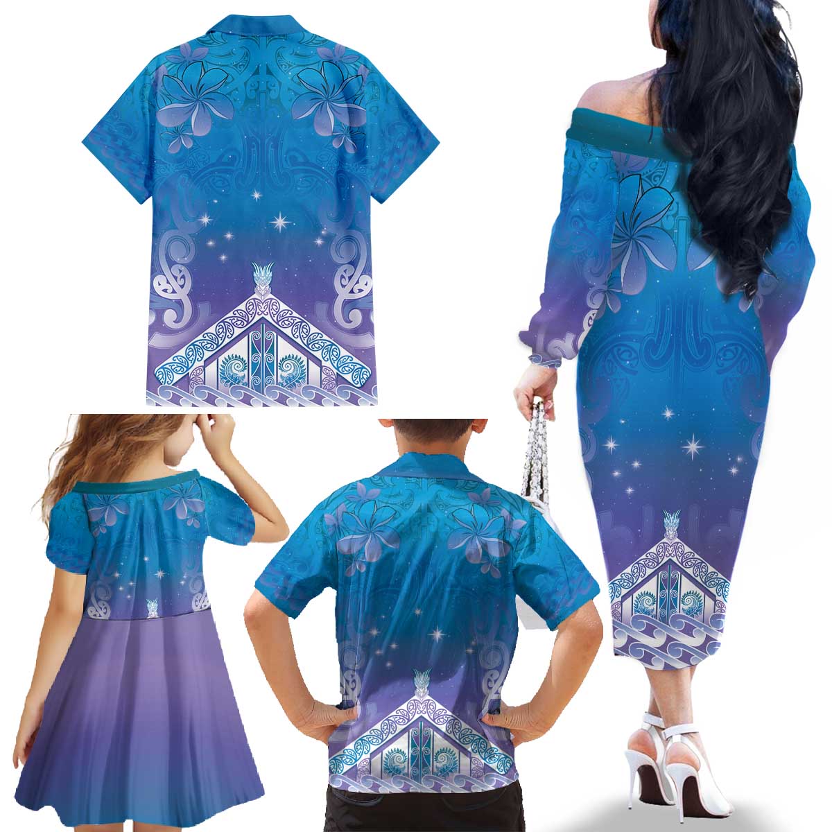 New Zealand Matariki Family Matching Off The Shoulder Long Sleeve Dress and Hawaiian Shirt Maori Marae Cyan Galaxy