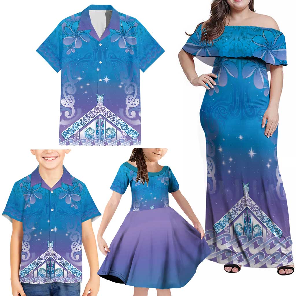 New Zealand Matariki Family Matching Off Shoulder Maxi Dress and Hawaiian Shirt Maori Marae Cyan Galaxy