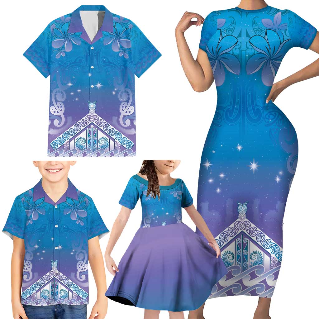 New Zealand Matariki Family Matching Short Sleeve Bodycon Dress and Hawaiian Shirt Maori Marae Cyan Galaxy