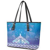 New Zealand Matariki Leather Tote Bag Maori Marae Cyan Galaxy