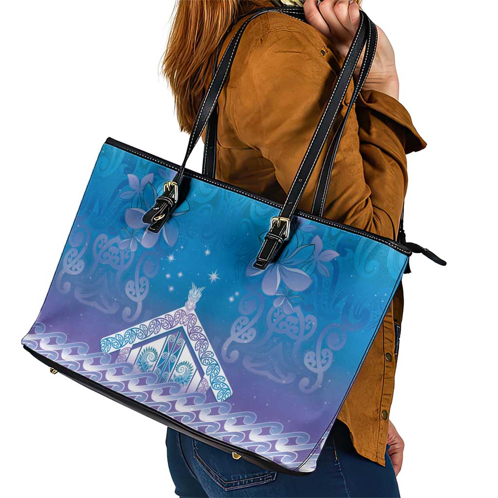 New Zealand Matariki Leather Tote Bag Maori Marae Cyan Galaxy