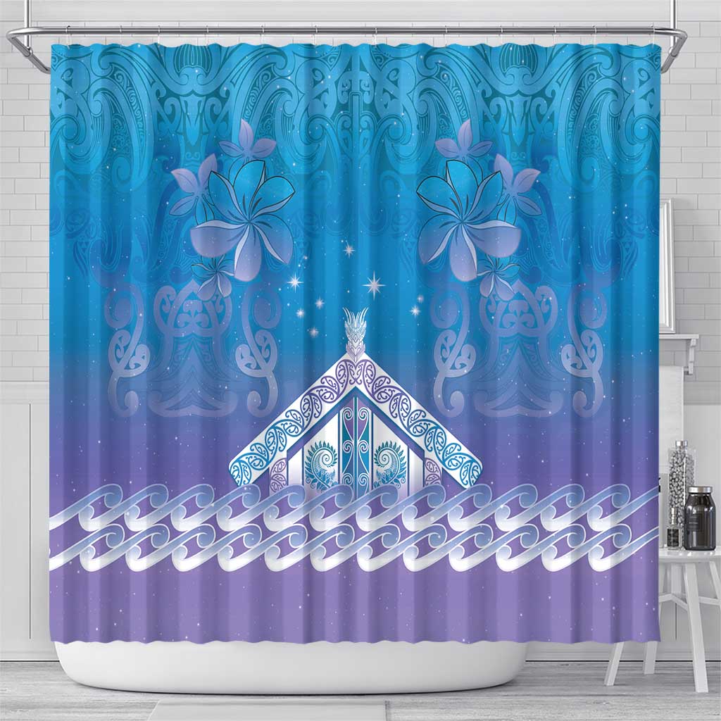New Zealand Matariki Shower Curtain Maori Marae Cyan Galaxy