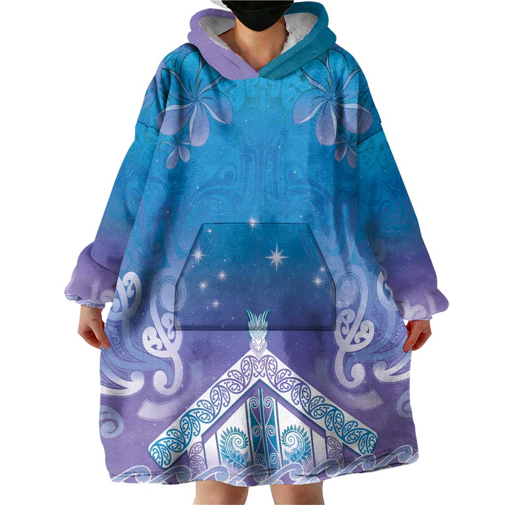 New Zealand Matariki Wearable Blanket Hoodie Maori Marae Cyan Galaxy
