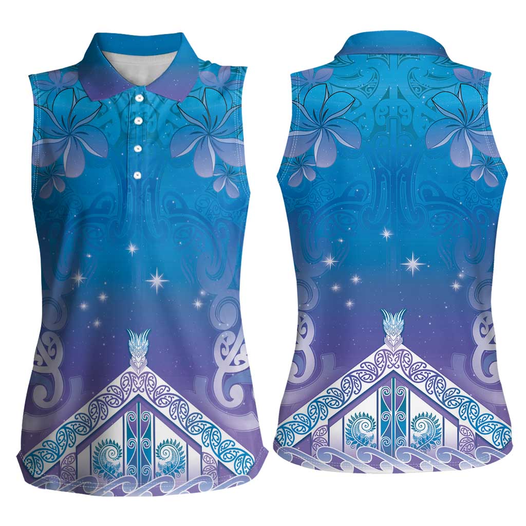 New Zealand Matariki Women Sleeveless Polo Shirt Maori Marae Cyan Galaxy