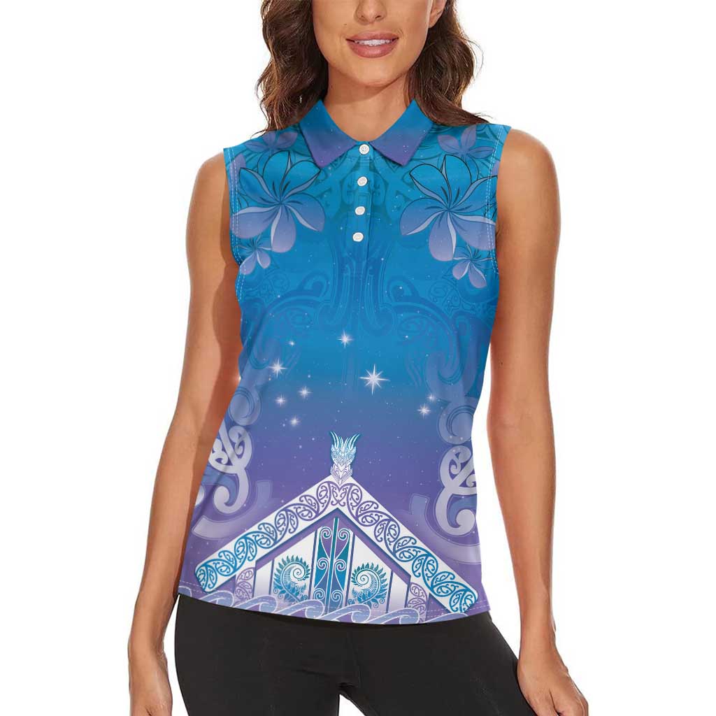 New Zealand Matariki Women Sleeveless Polo Shirt Maori Marae Cyan Galaxy