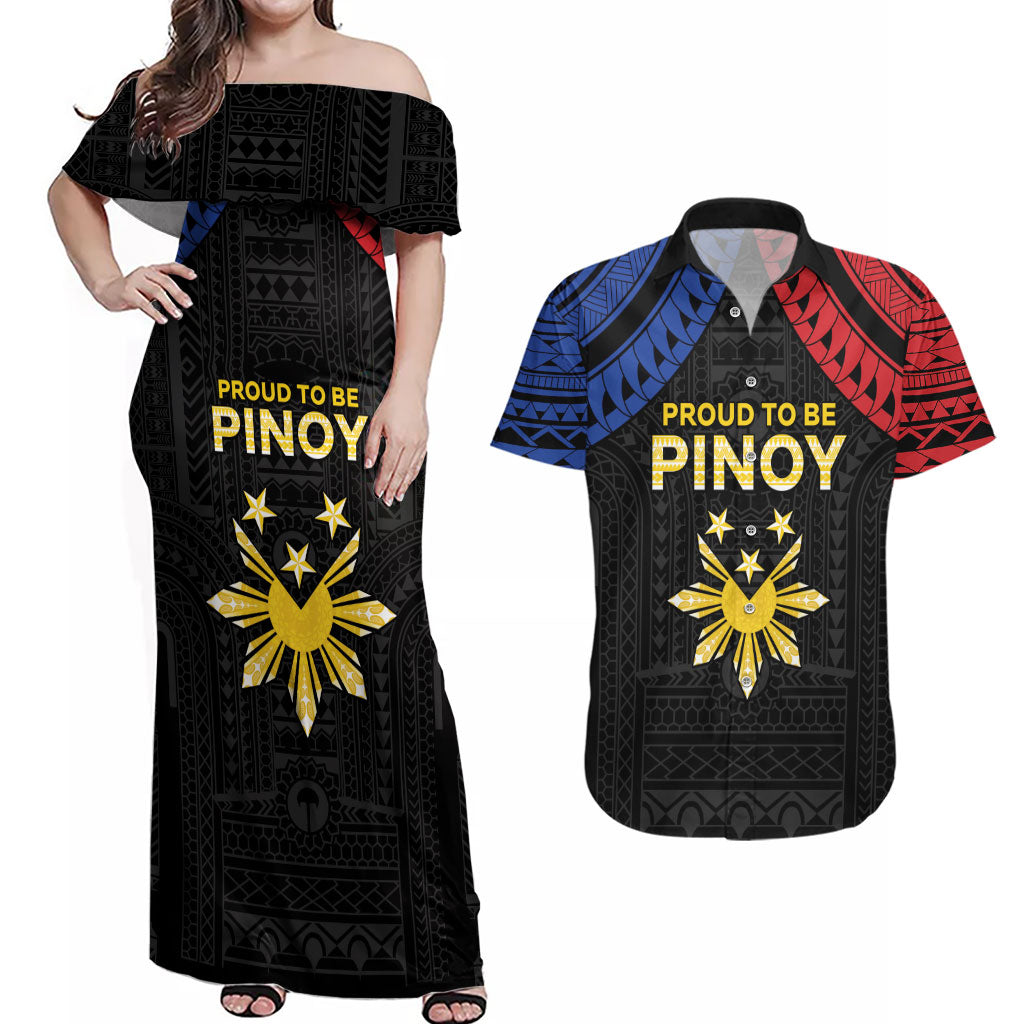Philippines Independence Day Couples Matching Off Shoulder Maxi Dress and Hawaiian Shirt Proud To Be Pinoy LT05 Black - Polynesian Pride