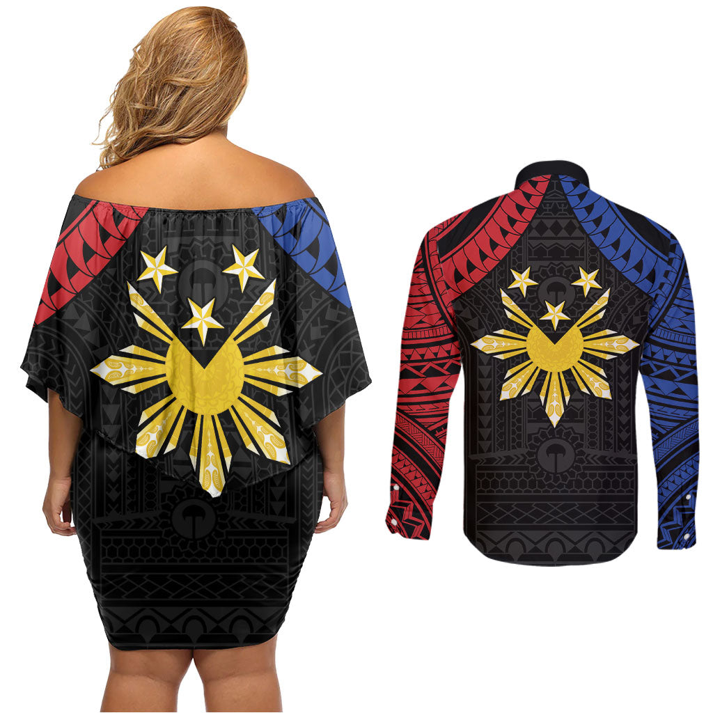Philippines Independence Day Couples Matching Off Shoulder Short Dress and Long Sleeve Button Shirt Proud To Be Pinoy