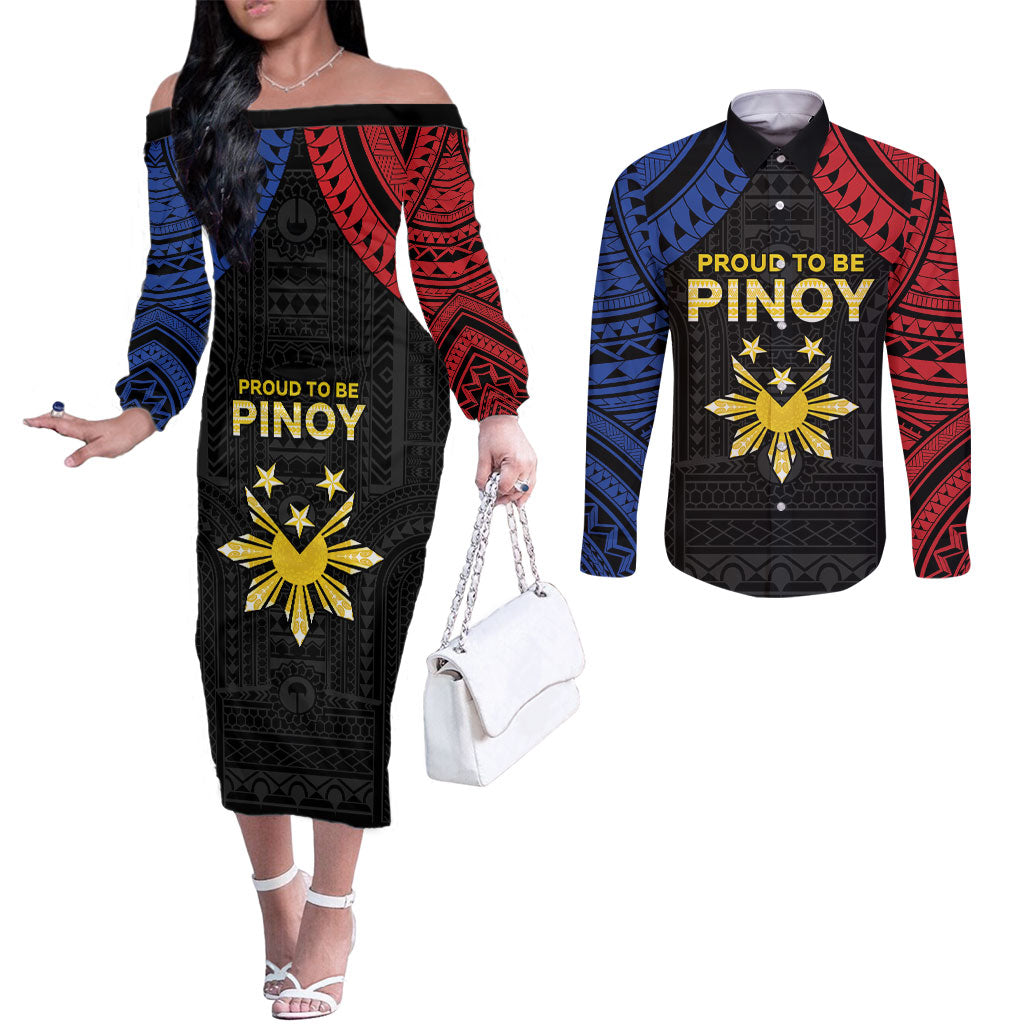 Philippines Independence Day Couples Matching Off The Shoulder Long Sleeve Dress and Long Sleeve Button Shirt Proud To Be Pinoy LT05 Black - Polynesian Pride