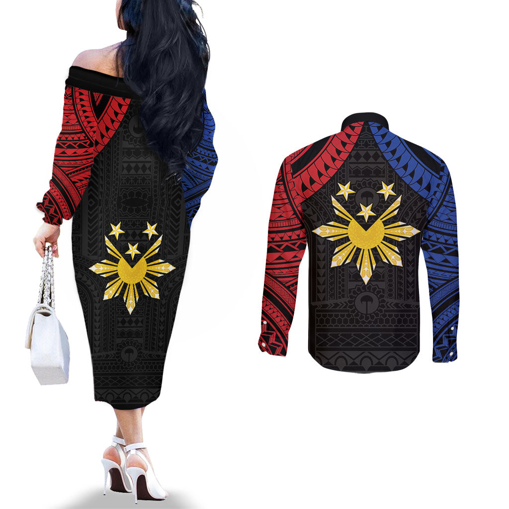 Philippines Independence Day Couples Matching Off The Shoulder Long Sleeve Dress and Long Sleeve Button Shirt Proud To Be Pinoy LT05 - Polynesian Pride