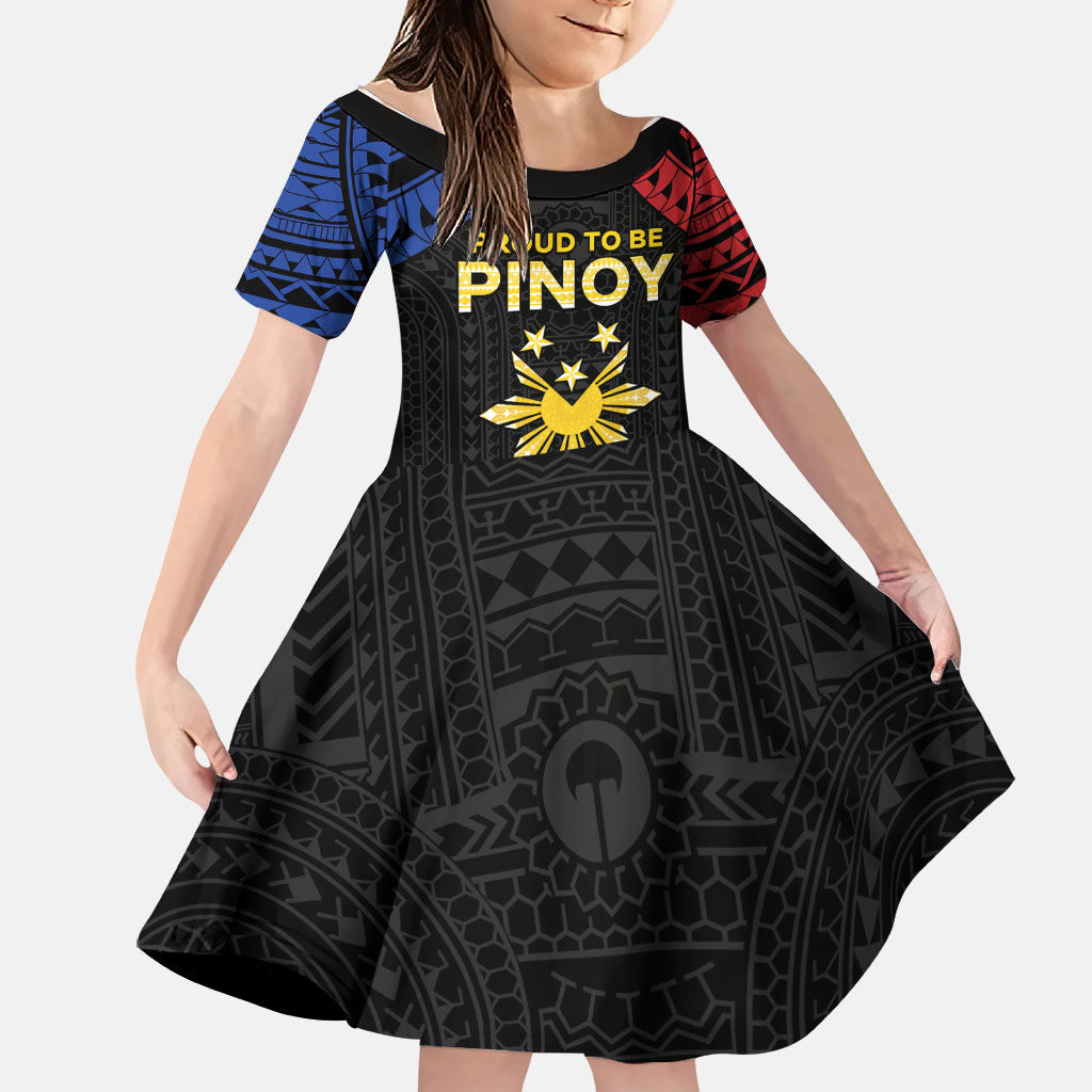 Philippines Independence Day Family Matching Off Shoulder Maxi Dress and Hawaiian Shirt Proud To Be Pinoy LT05 Daughter's Dress Black - Polynesian Pride