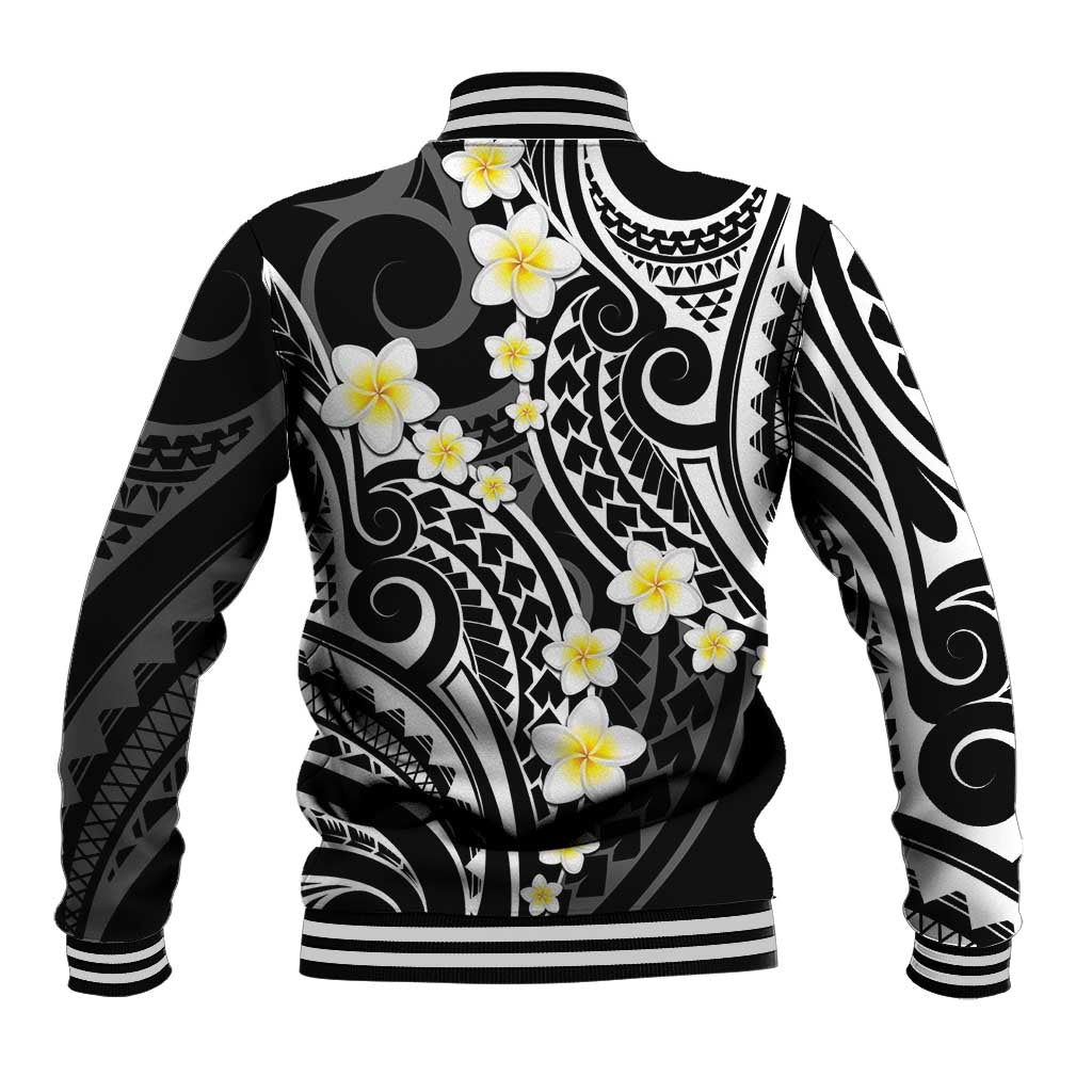 Plumeria With Black Polynesian Tattoo Pattern Baseball Jacket
