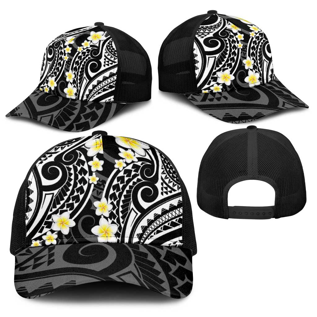 Plumeria With Black Polynesian Tattoo Pattern Baseball Net Cap - Polynesian Pride