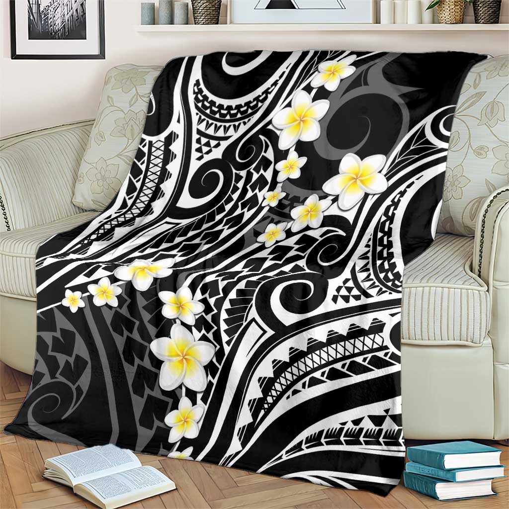 Plumeria With Black Polynesian Tattoo Pattern Blanket