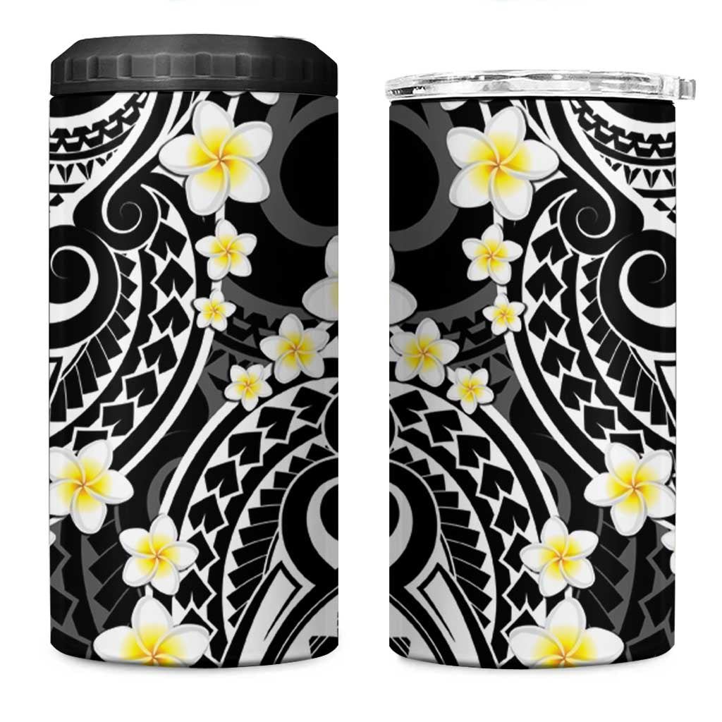 Plumeria With Black Polynesian Tattoo Pattern 4 in 1 Can Cooler Tumbler