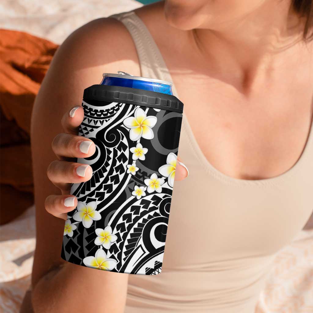 Plumeria With Black Polynesian Tattoo Pattern 4 in 1 Can Cooler Tumbler