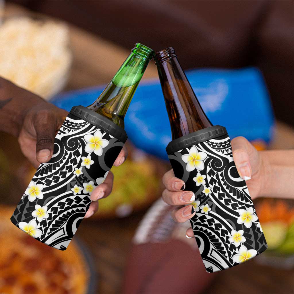 Plumeria With Black Polynesian Tattoo Pattern 4 in 1 Can Cooler Tumbler