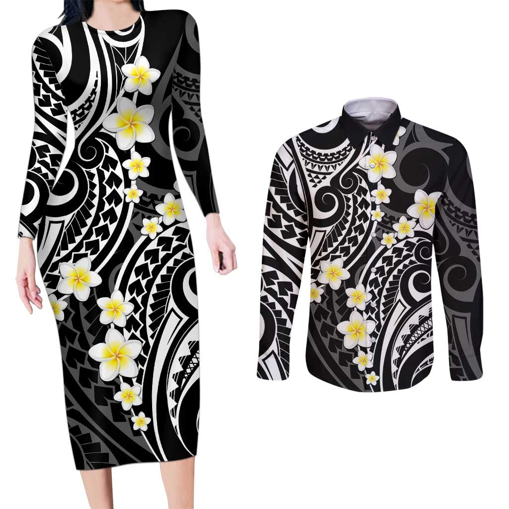 Plumeria With Black Polynesian Tattoo Pattern Couples Matching Long Sleeve Bodycon Dress and Long Sleeve Button Shirt