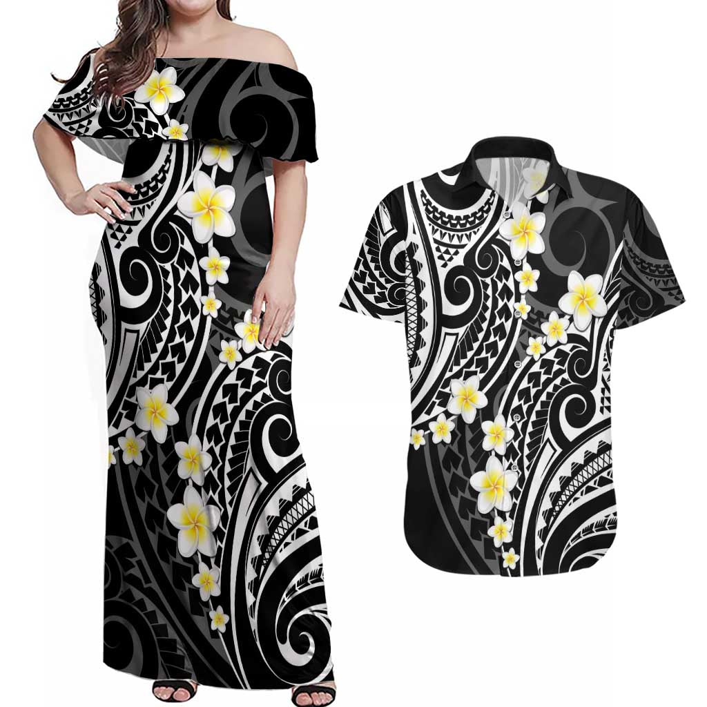 Plumeria With Black Polynesian Tattoo Pattern Couples Matching Off Shoulder Maxi Dress and Hawaiian Shirt