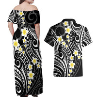 Plumeria With Black Polynesian Tattoo Pattern Couples Matching Off Shoulder Maxi Dress and Hawaiian Shirt