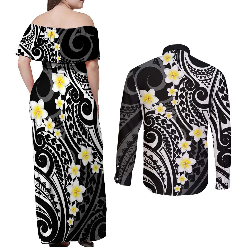Plumeria With Black Polynesian Tattoo Pattern Couples Matching Off Shoulder Maxi Dress and Long Sleeve Button Shirt