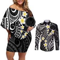 Plumeria With Black Polynesian Tattoo Pattern Couples Matching Off Shoulder Short Dress and Long Sleeve Button Shirt