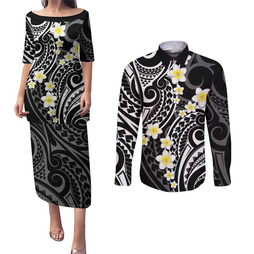 Plumeria With Black Polynesian Tattoo Pattern Couples Matching Puletasi and Long Sleeve Button Shirt